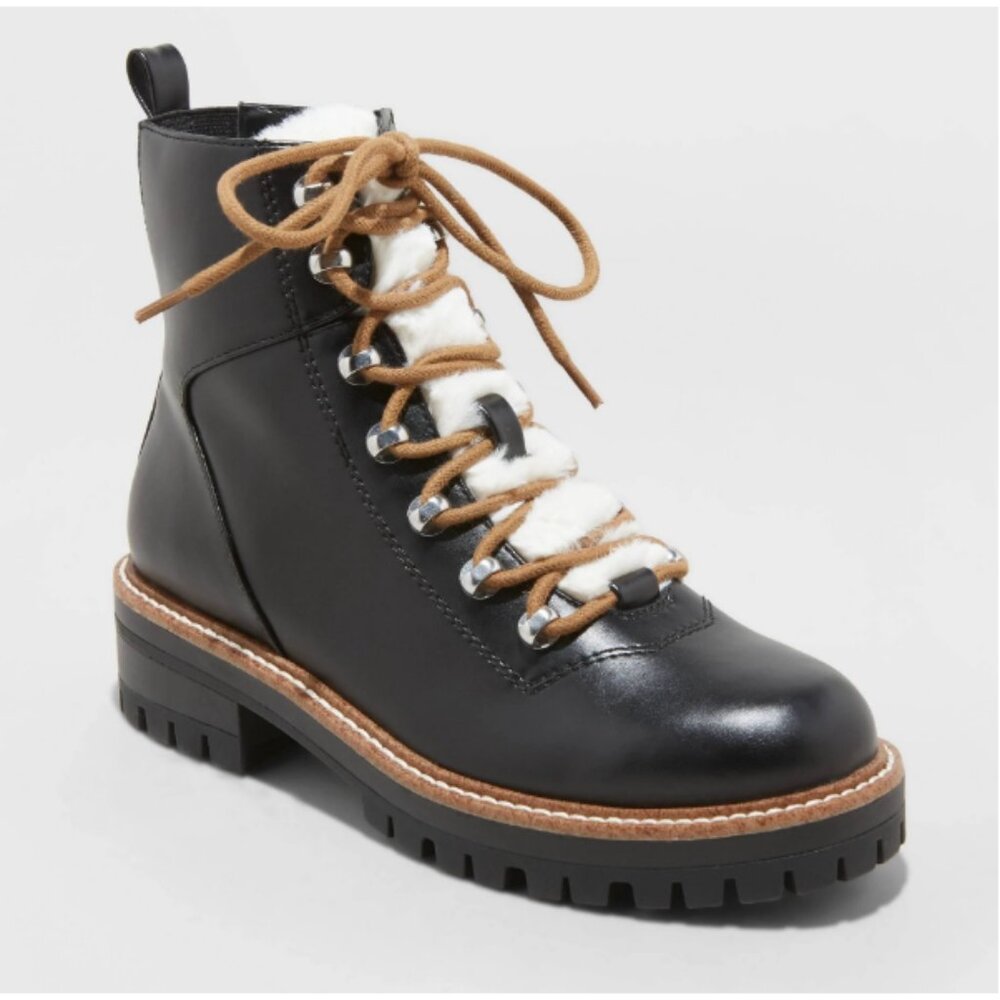 A New Day Women's Black Faux Leather Leighton Ankle Hiking Combat Boots Size 7